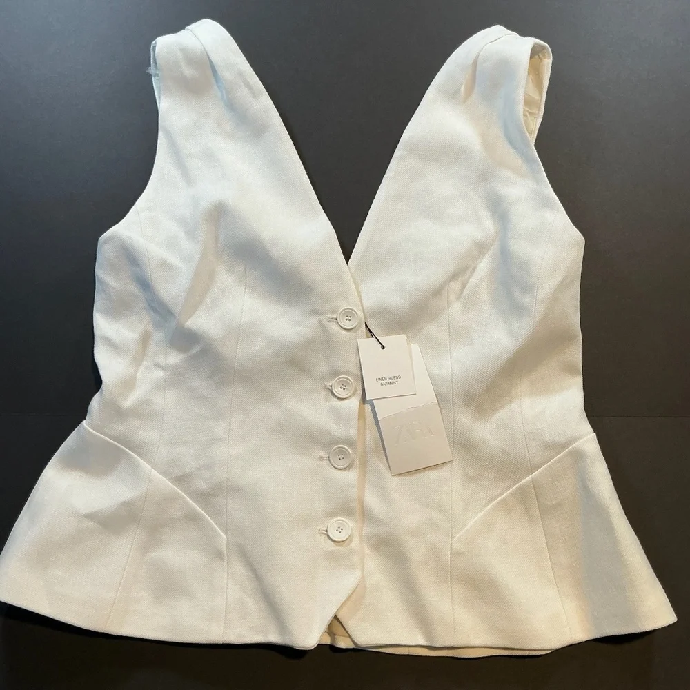 ZARA Linen Ivory Front Button Vest Size XL NWT - Picture 2 of 11
